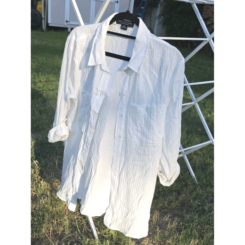 Sanctuary White Gauzy Crinkle Cloth Relaxed Buttondown Blouse MEDIUM